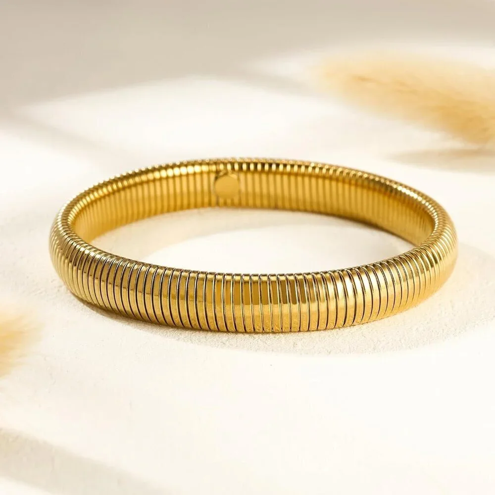 14K Gold Plated Stainless Steel Bangle Bracelets for Women Elegant Chunky